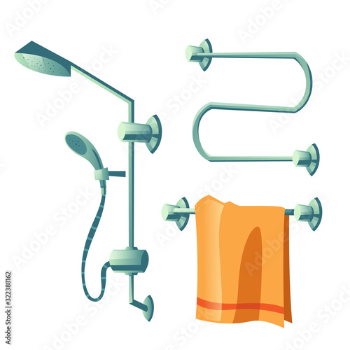 Bathroom accessories set, shower head on hose, towel hanging on heater rail and empty coil dryer in bath room isolated on white background, design elements cartoon vector illustration, icon, clip art