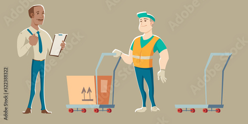 Warehouse worker accepts delivery from courier with cardboard package box on push cart. Vector cartoon illustration of cargo distribution in storage, supply goods and parcel