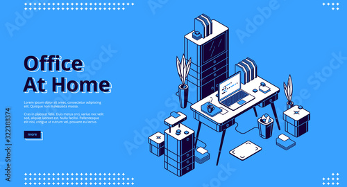 Office at home isometric landing page. Workplace with computer table, Pc monitor and litter bin, working place desk for businessman, analyst, freelancer, 3d vector illustration, web banner line art