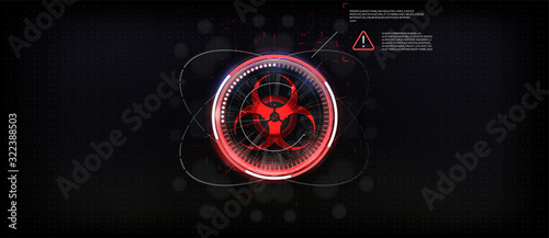 Biohazard sign, on an abstract background. Labels attention danger, virus epidemic. a map of the spread and infection in the world.