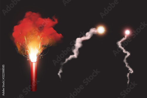 Burn red gun flare, sos fire light signal for emergency on road or sea. Glowing torch with sparks and color smoke isolated on black background. Ignition pyrotechnics realistic 3d vector illustration