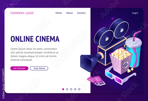Online cinema isometric landing page, internet app for movie watching, popcorn, camera or film projector, 3d glasses, tickets and soda drink cup on neon background. Vector illustration, web banner