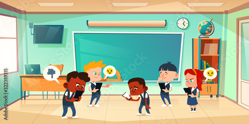 Cyber bullying in school, conflict and violence situation with sad black boy in classroom among laughing teenagers messaging in smartphone, internet cyberbulling, abuse Cartoon vector illustration