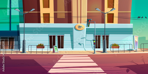 Traffic light and pedestrian crosswalk on city street. Empty road with stoplight for cars, sidewalk and building in first-person view. Urban architecture and infrastructure Cartoon vector illustration