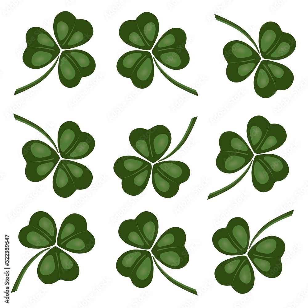 Clover trefoil white background. Isolated green leaves - elegant decor for wrapping paper for St. Patricks Day. Bright pages for a diary, notebook or scrapbooking.