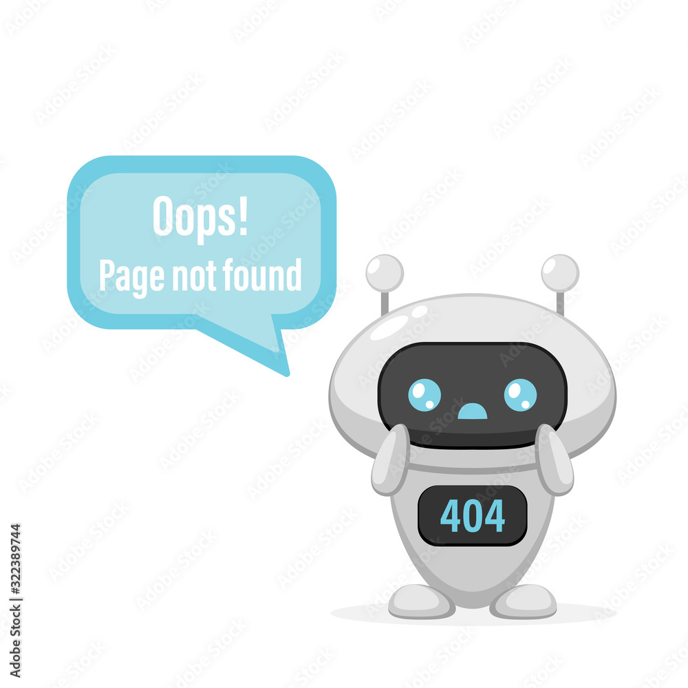 404 error web page with cute robot