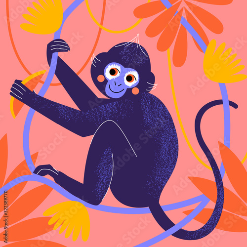 Cute cartoon Monkey in tropical jungle. Wild rainforest animal vector poster.  Hand drawn colorful design. Vector illustration