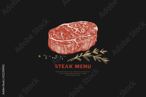Raw Chuck steak vector illustration. Hand-drawn piece of meat cut and rosemary branches on black background. Concept of fresh farm products. Design element for butcher shop, market, restaurant.
