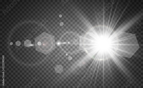 Special lens flash, light effect. The flash flashes rays and searchlight. illust.White glowing light. Beautiful star Light from the rays. The sun is backlit. Bright beautiful star. Sunlight. Glare.