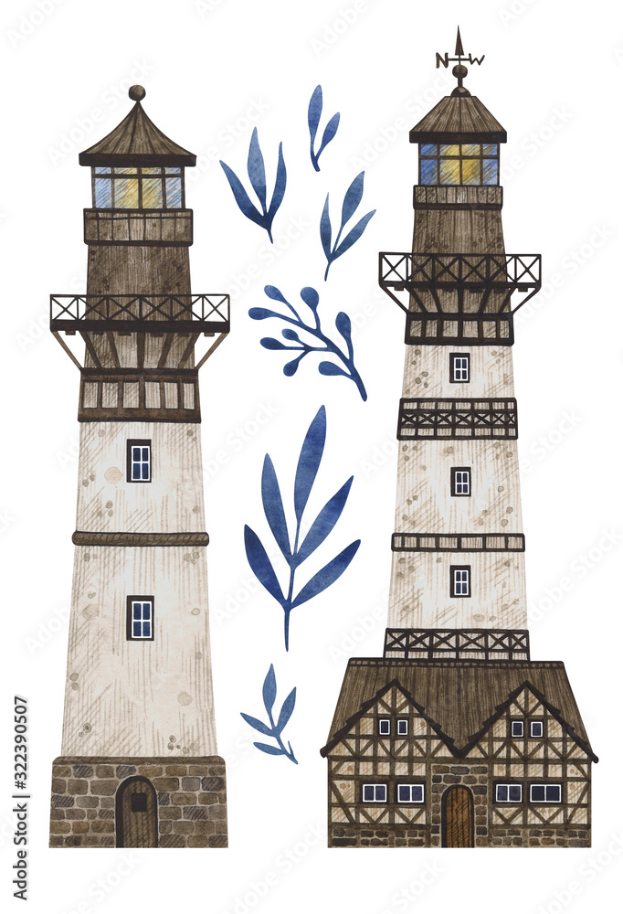 Obraz premium Watercolor set with cute isolated lighthouses. Illustration for stickers, posters, baby fabrics, cards, prints