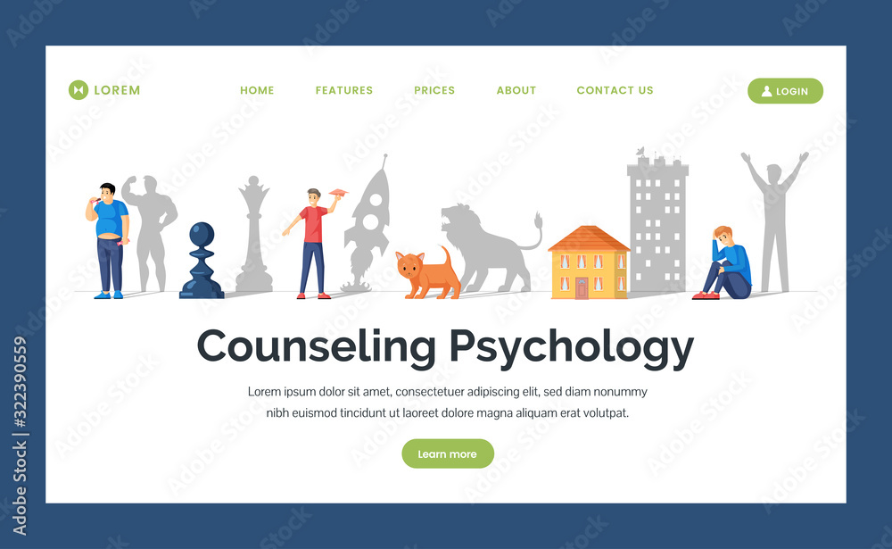 Counseling psychology flat landing page template. Hidden potential and healthcare webpage design with typography.