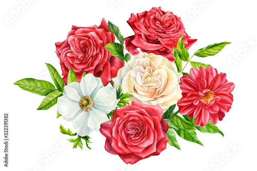 Bouquet of flowers  red roses  anemone  white rose on an isolated white background  watercolor illustration  botanical painting  floral clipart