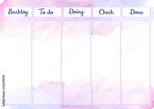 Wall table for organizing childs homework, school, SCRUM with the inscription Backlog To Doing Check Done, on a watercolor background from rose color Background - abstract composition