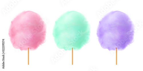 Cotton candy set. Realistic pink green purple cotton candies on wooden sticks. Summer tasty and sweet snack for children. 3d vector realistic illustration isolated on white background