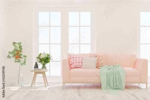 Stylish room in white color with sofa. Scandinavian interior design. 3D illustration