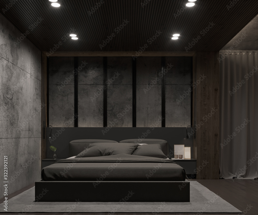 Dark black bedroom with grey bed on wood and concrete wall. 3d image ...