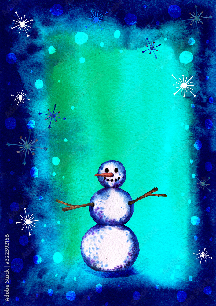 Obraz premium Cute snowman. a snowy woman. snow smiling man. symbol of winter. carrot instead of nose. sticks instead of hands. eyes of buttons, a smile of black dots. three snow globes, a pyramid of three lumps of
