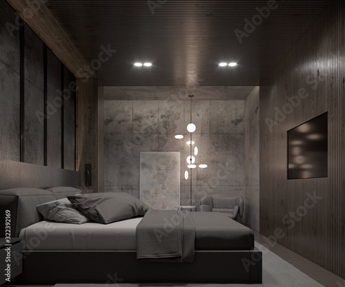 Dark black bedroom with grey bed on wood and concrete wall. 3d image