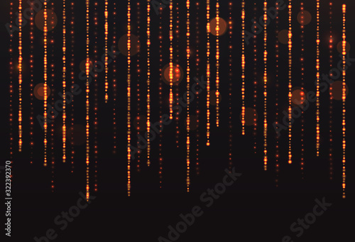 Gold glitter background, abstract christmas magic rain, glowing particles and bokeh effect. Christmas wallpaper for card, banner, promo. Shimmer golden strip lines, Vector illustration.