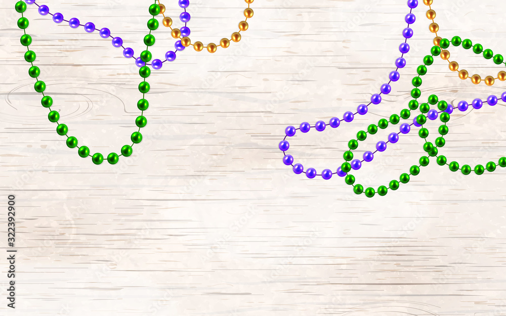 Multi color 3D gold, green, purple beads isolated on wooden background. Set for Celebratory Design, Xmas Holiday, greeting card. Mardi gras decorations, design element. vector illustration Multi color 3D gold, green, purple beads isolated on wooden background. Set for Celebratory Design, Xmas Holiday, greeting card. Mardi gras decorations, design element. vector illustration