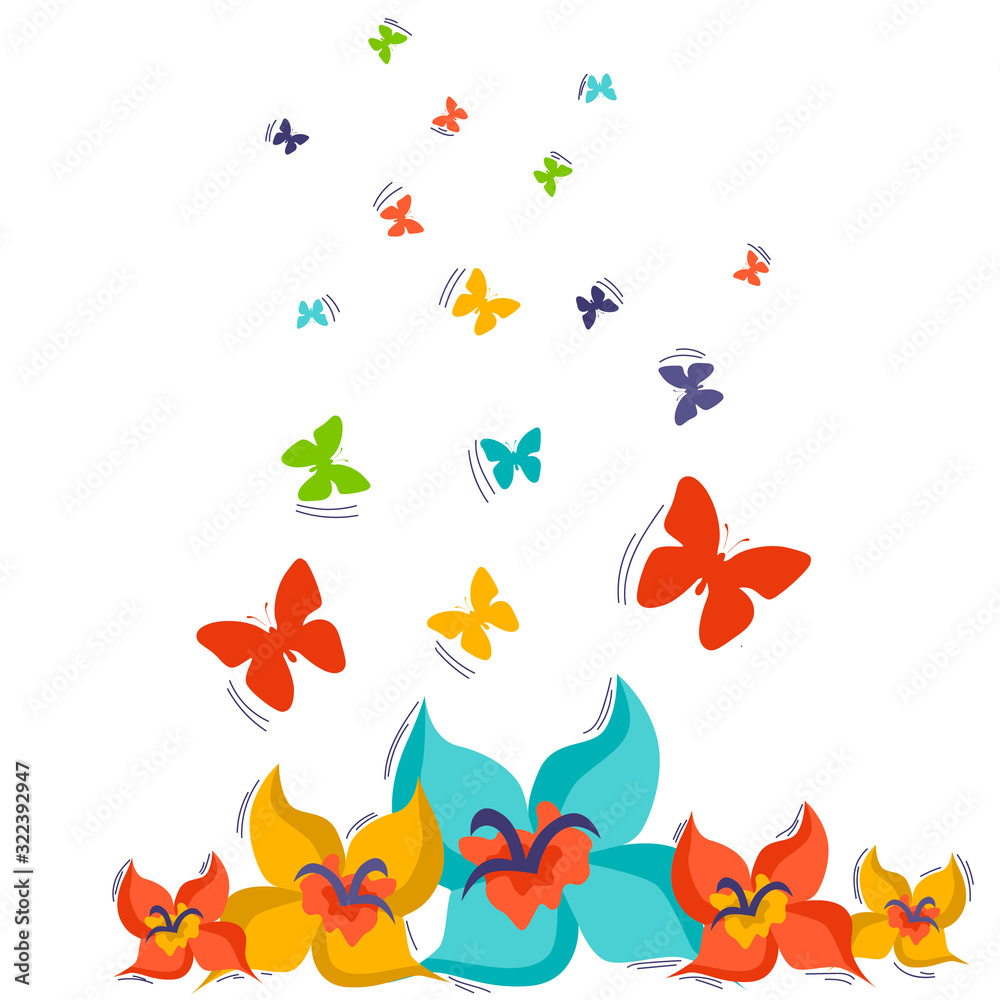Set of spring vector drawings of butterflies, flowers on a white isolated background in flat style. Print, postcard, children's