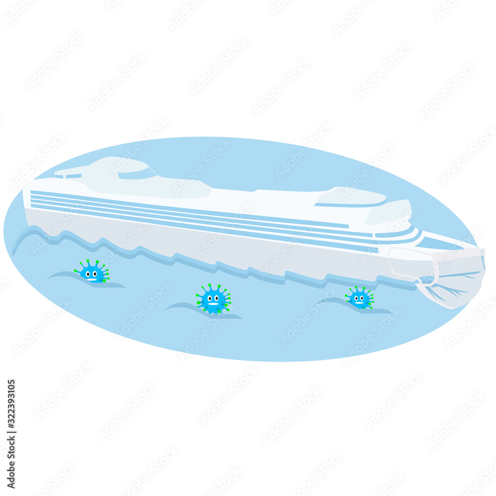 Vector drawing of a floating cruise ship, steamboat over the sea of ​​viruses in a flat .style on a white isolated background