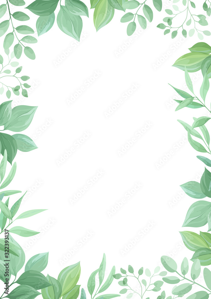 Green leaves frame template. Floral border. Vector illustration.	