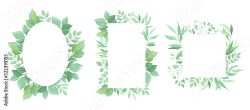 Green leaves frame template set. Floral border. Vector illustration.