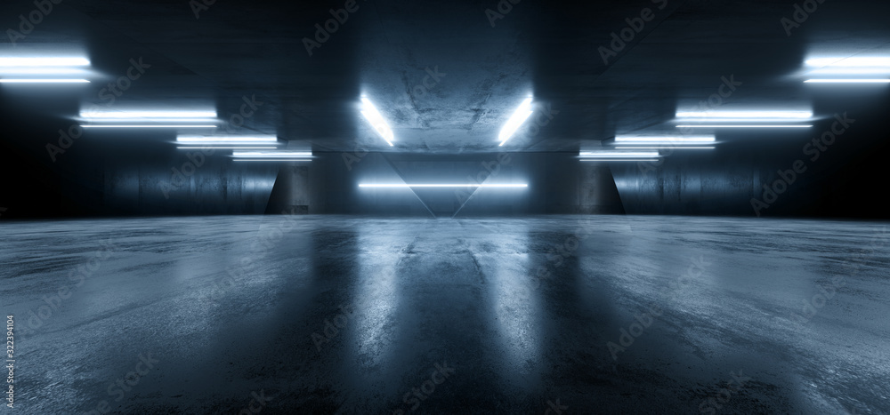Naklejka premium Futuristic Neon Led Glowing Blue Pantone Dark Garage Showroom Car Podium Alien Spaceship Gallery Underground Concrete Apshalt Cement Sci Fi 3D Rendering