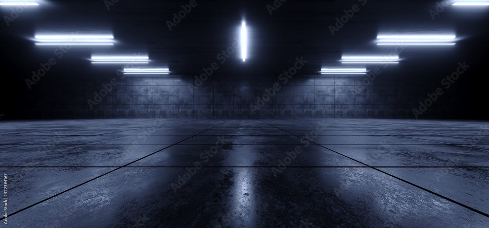 Sci Fi Futuristic Spaceship Neon Led Glowing White Blue Cyber Tunnel Corridor Underground Garage Concrete GRunge Industrial Tunnel Studio Podium Showroom Car 3D Rendering