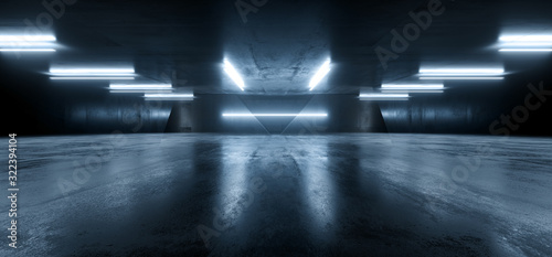 Fototapeta Naklejka Na Ścianę i Meble -  Futuristic Neon Led Glowing Blue Pantone Dark Garage Showroom Car Podium Alien Spaceship Gallery Underground Concrete Apshalt Cement Sci Fi 3D Rendering