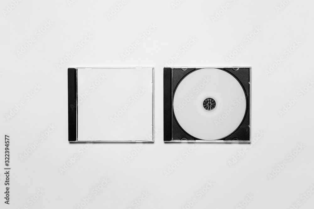Closed compact plastic disc box case with white isolated blank for
