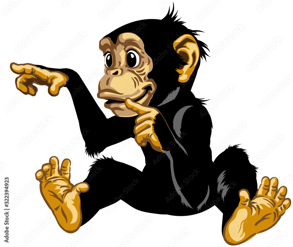 Cartoon chimp great ape or chimpanzee monkey touching or pointing to  something with finger. Positive and happy emotion. Sitting pose. Isolated  vector illustration Stock Vector | Adobe Stock