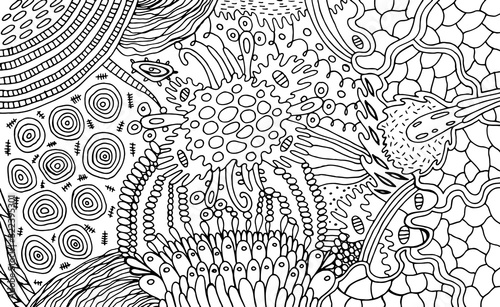 Organic pattern for coloring page. Waterdrops and plants elements. Zendoodle art for relaxation. Vector artwork