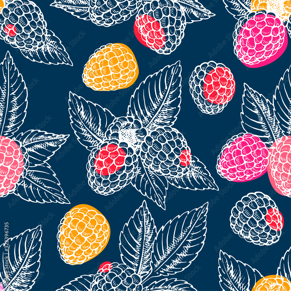 Wzór malin w graficznym stylu vintage