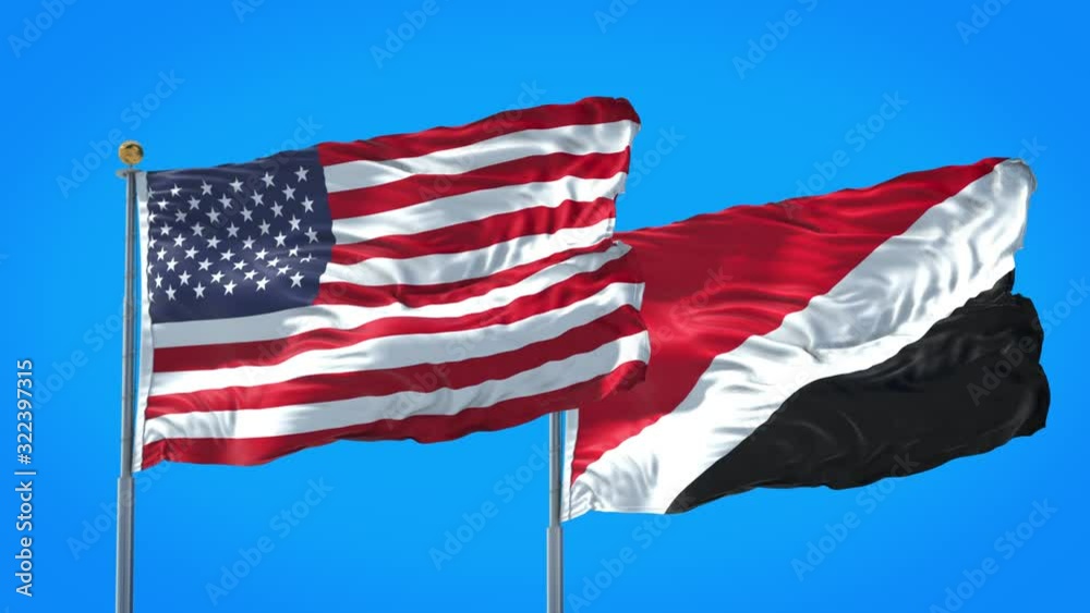 Principality of Sealand and United States flag waving in deep blue sky together. High Definition 3D Render. Principality of Sealand and United States flag waving in deep blue sky together. High Definition 3D Render.