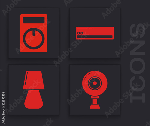 Set Web camera , Remote control, Air conditioner and Table lamp icon. Vector