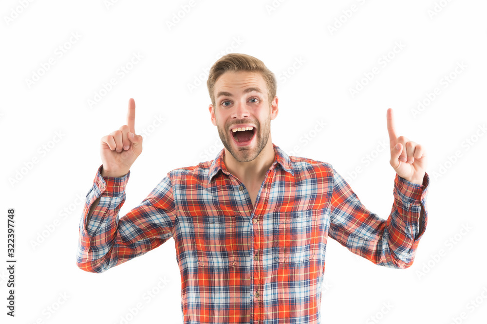 Check it out. Look there. Man pointing at copy space. Man muscular handsome unshaven guy white background pointing finger. Advertising concept. Summer advertising. Advertising agency. Promoting goods Check it out. Look there. Man pointing at copy space. Man muscular handsome unshaven guy white background pointing finger. Advertising concept. Summer advertising. Advertising agency. Promoting goods