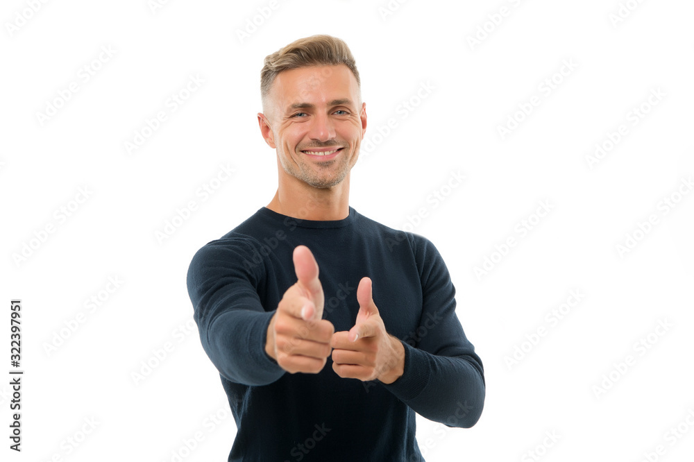 Promote your product. Happy man advertising product. Handsome guy pointing fingers isolated on white. Presenting product. Product promotion. Promoting and marketing. Sale and discount, copy space