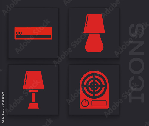 Set Electric heater , Air conditioner , Table lamp and Table lamp icon. Vector