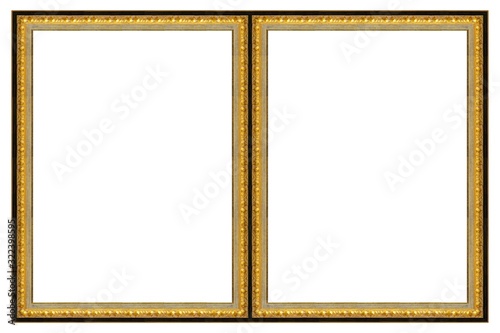 Double golden frame (diptych) for paintings, mirrors or photos isolated on white background photo