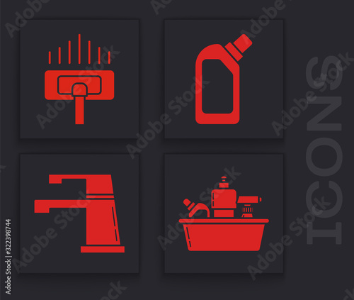 Set Plastic bottles for liquid dishwashing liquid, Vacuum cleaner, Plastic bottles for liquid dishwashing liquid and Water tap icon. Vector