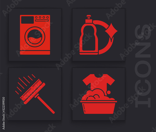 Set Plastic basin with soap suds , Washer , Plastic bottles for liquid dishwashing liquid and Squeegee, scraper, wiper icon. Vector