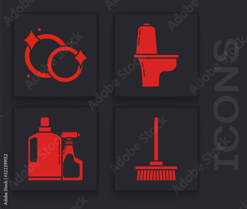 Set Mop , Washing dishes , Toilet bowl and Plastic bottles for liquid dishwashing liquid icon. Vector