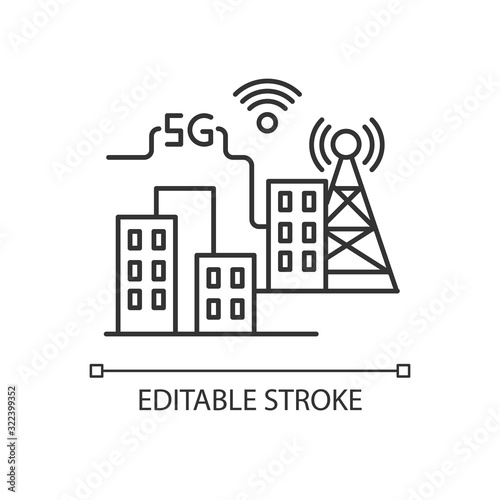 5G smart city pixel perfect linear icon. Improved urban infrastructure. Wireless technology. Thin line customizable illustration. Contour symbol. Vector isolated outline drawing. Editable stroke
