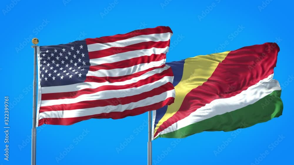 Seychelles and United States flag waving in deep blue sky together. High Definition 3D Render. Seychelles and United States flag waving in deep blue sky together. High Definition 3D Render.