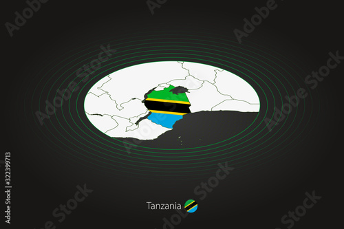 Tanzania map in dark color, oval map with neighboring countries.