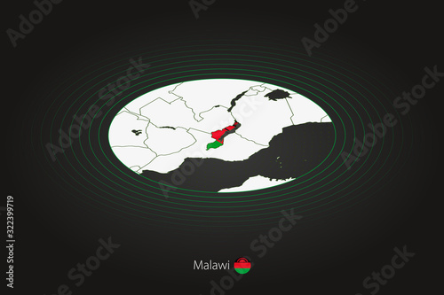 Malawi map in dark color, oval map with neighboring countries.