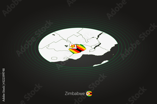 Zimbabwe map in dark color, oval map with neighboring countries.