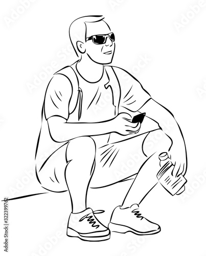 Vector outline drawing a tourist man resting during a stroll